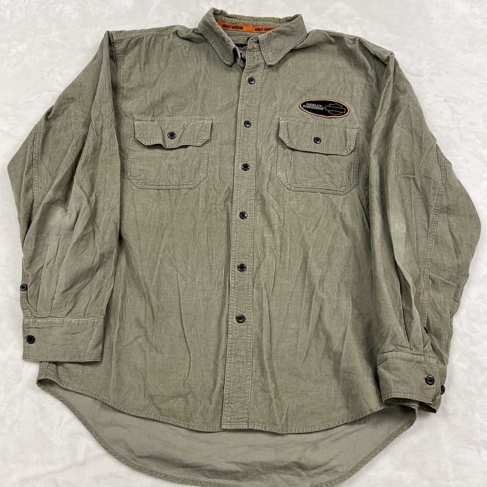 Harley Davidson Corduroy Shirt Mens L Green Long Sleeve Embroidered Biker Logo